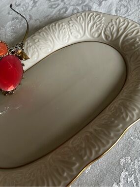 Lenox Cream Ceramic Oval Serving Platter with Embossed Leaf Motif and Gold Trim